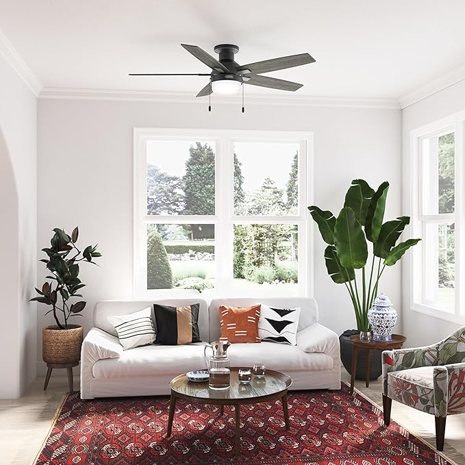 Hunter Ceiling Fan with LED Light - Black Ceiling Fan with Pull Chain, For Bedroom or Living Room, Standard Mount, No Remote, 5 Blades, Includes Bulbs - Anisten (Matte Black, 52 Inch)