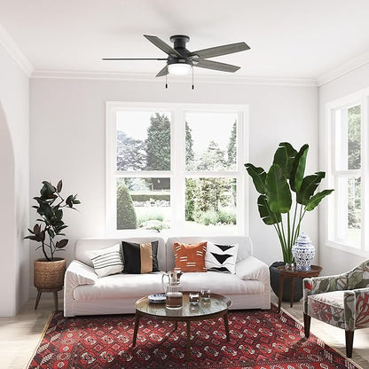 Hunter Ceiling Fan with LED Light - Black Ceiling Fan with Pull Chain, For Bedroom or Living Room, Standard Mount, No Remote, 5 Blades, Includes Bulbs - Anisten (Matte Black, 52 Inch)