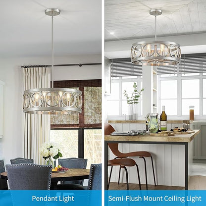 XINGQI 6-Light Modern Chandelier Brushed Nickel Farmhouse Dining Room Chandeliers, 21.7'' Drum Pendant Light Fixture Height Adjustable for Living Room Home Office
