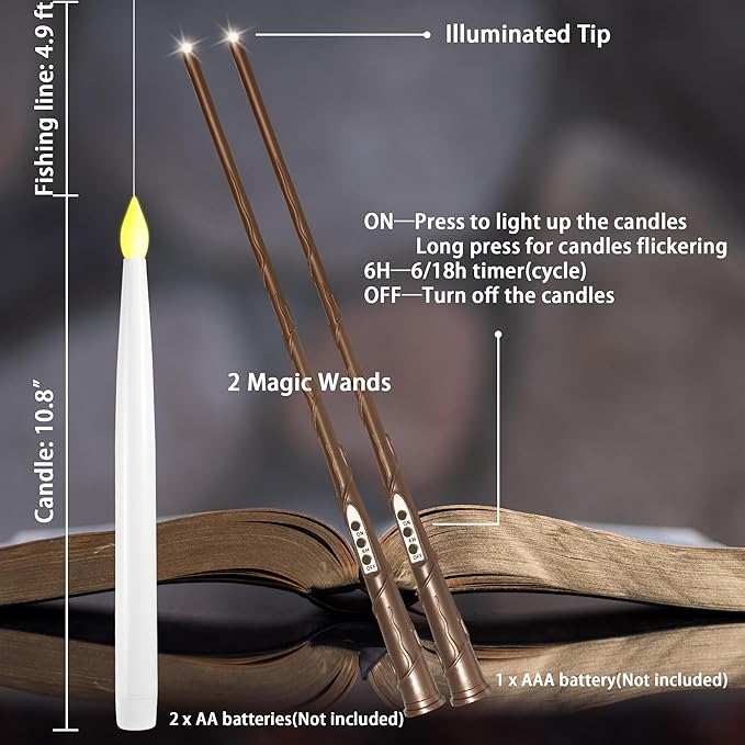 LUSHARBOR Floating Candles with Wand, 20 Pack Halloween Battery Operated LED Hanging Candles Electric Floating Candle for Halloween Party Decor Christmas 10.8in