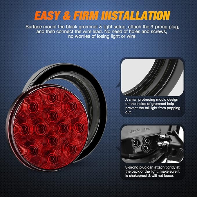 Nilight 4PCS 4" 12LED Red Round Stop Brake Turn Tail Lights w/Surface Mount Grommet Plugs IP67 Trailer Light for Truck RV