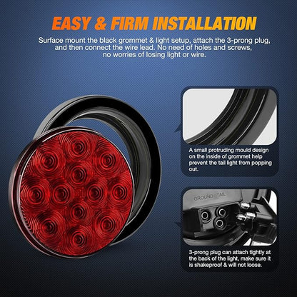 Nilight 4PCS 4" 12LED Red Round Stop Brake Turn Tail Lights w/Surface Mount Grommet Plugs IP67 Trailer Light for Truck RV