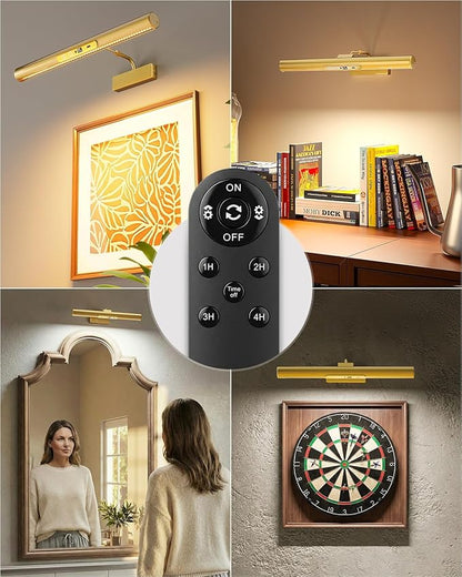 Skairipa Picture Light for Wall, 6000mAh Rechargeable Wireless Wall Lights, 13'' Dimmable Remote Magnetic LED Art Painting Light with 3 Color Temps, Display for Gallery, Living Room (Gold, 2Pack)