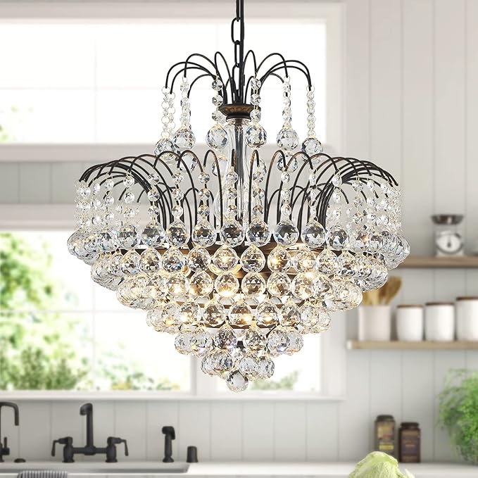 WUZUPS Crystal Chandelier Pendant Flushmount Ceiling Light Modern Lighting Fixture for Bedroom Hallway Bar Kitchen Bathroom, H 17.3" x W 18.9", Black, E12 Base
