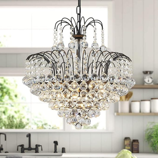 WUZUPS Crystal Chandelier Pendant Flushmount Ceiling Light Modern Lighting Fixture for Bedroom Hallway Bar Kitchen Bathroom, H 17.3" x W 18.9", Black, E12 Base