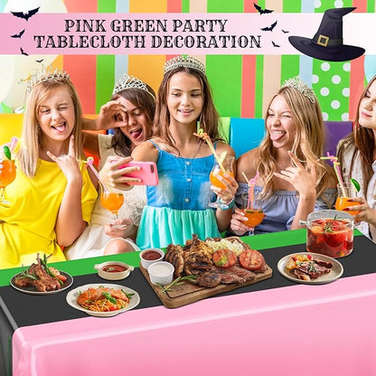 Oudain 2 Pcs Witch Princess Theme Party Pink & Green & Black Party Tablecloth 54 x 108 Inch Plastic Rectangle Tablecloth Waterproof Table Cover for Witch Princess Theme Birthday Decoration