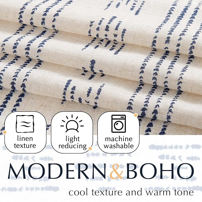 jinchan Boho Kitchen Curtain Linen Tier Curtain Bohemian Cafe 24 Inch Geometric Striped Small Window Drape Light Filtering Farmhouse Country Rustic for Bathroom RV 1 Panel Blue on Beige