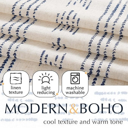 jinchan Boho Kitchen Curtain Linen Tier Curtain Bohemian Cafe 24 Inch Geometric Striped Small Window Drape Light Filtering Farmhouse Country Rustic for Bathroom RV 1 Panel Blue on Beige