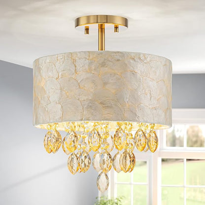 3-Light Capiz Shell Crystal Drum Ceiling Light, Coastal Style Close to Ceiling Light Fixture for Dining Room, Living Room & Bedroom, D12 * H14 inch, Champagne Crystal & Gold Finish