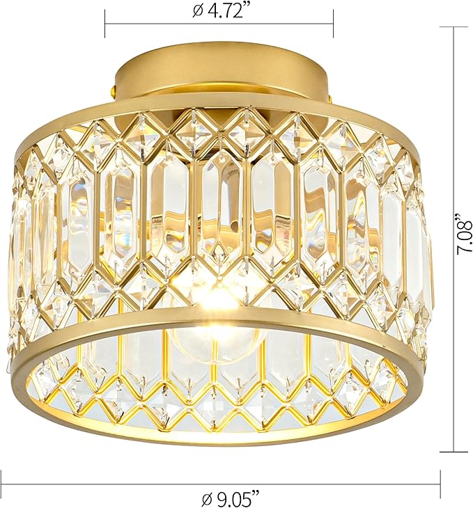 Rpzloila Crystal Ceiling Light, Modern Semi Flush Mount Ceiling Light, Gold Crystal Chandelier for Kitchen Bedroom Bathroom Entryway (Bulb not Included)