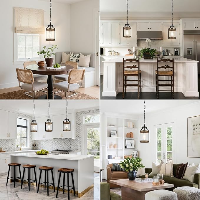 Farmhouse Pendant Light, Rustic Wood Metal Light Fixtures with Adjustable Hanging Chain, Small Pendant Lighting for Kitchen Island, Dining Room, Entryway, Cafe & Bar, 3 Pack