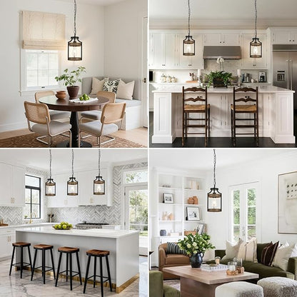 Farmhouse Pendant Light, Rustic Wood Metal Light Fixtures with Adjustable Hanging Chain, Small Pendant Lighting for Kitchen Island, Dining Room, Entryway, Cafe & Bar, 3 Pack