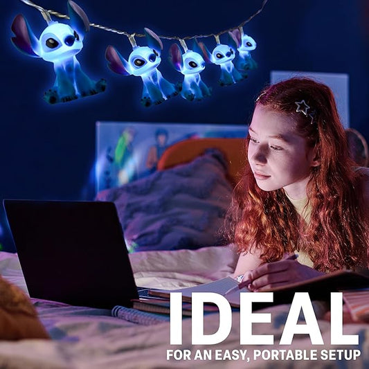 Disney Stitch LED String Lights for Kids, Teens, Adults, 10 Battery Operated Indoor 59” Fairy Lights, Room Decor Lighting, Gifts for Kids (Blue Stitch)
