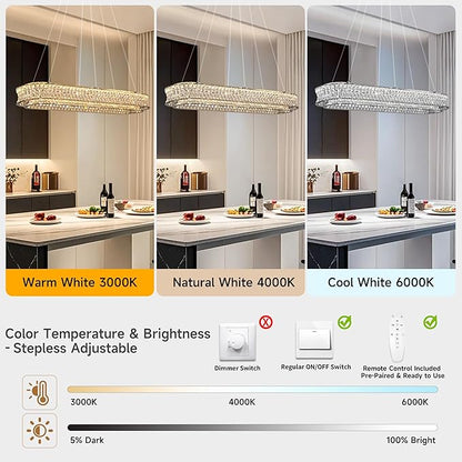 47" LED Rectangle Chrome Crystal Chandeliers for Dining Room, Luxury, Rectangular Modern Crystal Oval Kitchen Chandelier, Dimmable LED with Remote, for Dining Room, Kitchen Island