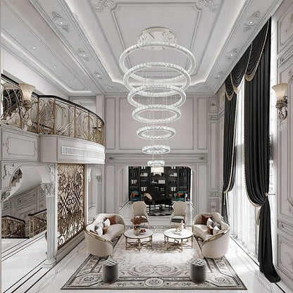 Finktonglan 7-Ring Crystal LED Chandelier, Cool White 6000K Modern Pendant, Adjustable Height up to 118", K9 Stainless Rings (Ø5.9–29.5"), Non-Dimmable Foyer Stair Ceiling Light