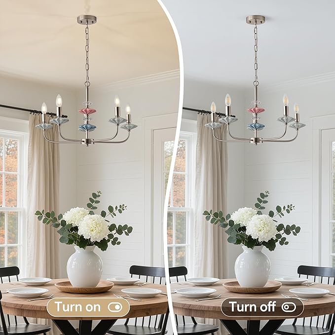 Brushed Nickel Chandeliers for Dining Room Light Fixture ，with Blue Green Ceramic Art Deco Chandelier, Modern Retro Candle Chandelier,Farmhouse Chandelier for Girls Bedroom，Living Room,Foyer