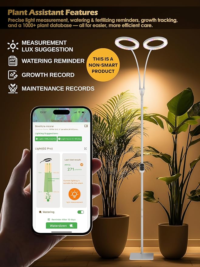 GLOWRIUM Grow Lights for Indoor Plants, Full Spectrum LED Grow Light, Stepless Dimming,3 Lighting Mode and Adjustable Height, Plant Light with 3/9/12/16H Timer (White, Dual Heads)