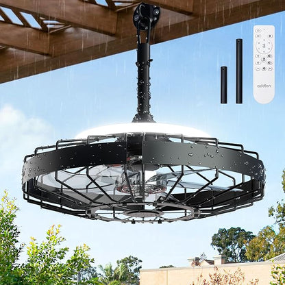 addlon 20 Inch Outdoor Ceiling Fan with Light for Patio, IP65 Waterproof Plug in Caged Hanging Fan, Remote Control, 3 CCT, 6 Speeds Reversible Outdoor Fan for Gazebo, Pergola, Porch