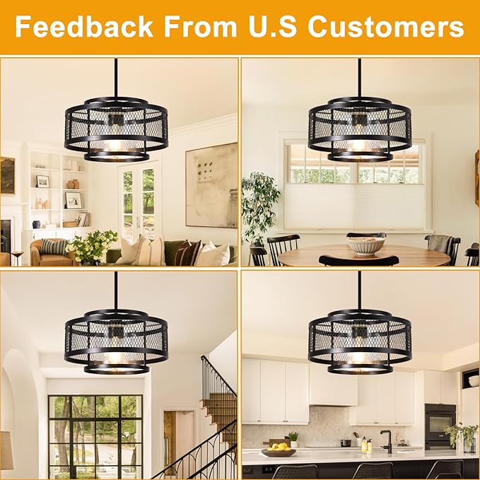 Modern Pendant Lights Kitchen Island, Black Pendant Light Fixtures with 13" Metal Cage, Industrial Farmhouse Hanging Pendant Lights Fixture for Kitchen Island Dining Room Bedroom Hallway Entryway