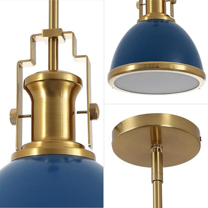 JONATHAN Y JYL9535G 10" Modern Industrial Dome Pendant Light, Farmhouse Hanging Light Fixture in Navy and Brass Gold, Adjustable Height Metal Lighting for Kitchen Island, Dining Room, Entryway