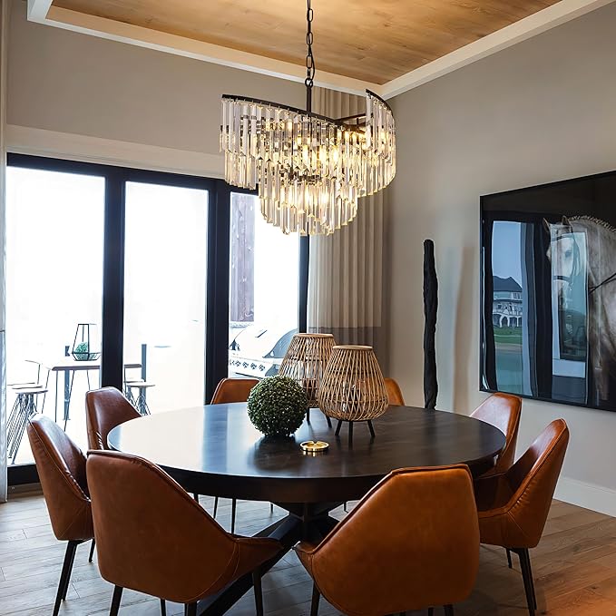 TOCHIC Modern Black Crystal Chandelier for Dining Room, 24" 7-Light Farmhouse Ceiling Light Fixture with Spiral Design, Pendant Light Fixtures for Living Room, Entryway, Foyer, Kitchen Island