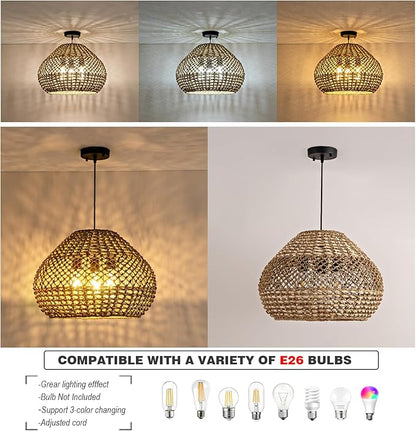 19in Large Rattan Chandelier 3-Lights Boho Hand Woven Wicker Dining Room Lighting Fixtures Farmhouse Round Rattan Pendant Light for Living Room Bedroom Kitchen Island Restaurant Bar