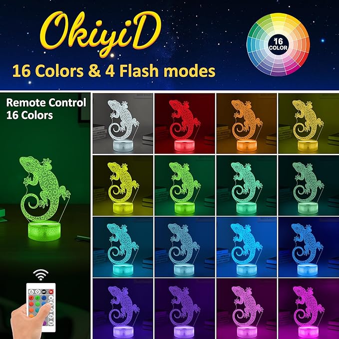 OkiyiD Leopard Gecko 3D Illusion Lamp - 16 Color Night Light with Remote, Gecko Reptile Tank Accessory Decor, Lizard Habitat Decor Gifts for Reptile Lovers Boys & Girls