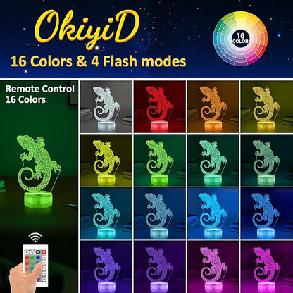 OkiyiD Leopard Gecko 3D Illusion Lamp - 16 Color Night Light with Remote, Gecko Reptile Tank Accessory Decor, Lizard Habitat Decor Gifts for Reptile Lovers Boys & Girls