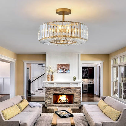 Piepooye 4 Lights Modern Crystal Chandelier Gold Round Semi Flush Mount Ceiling Light Fixture Farmhouse Chandelier for Dining Room Living Room Bedroom Hallway Entryway Kitchen
