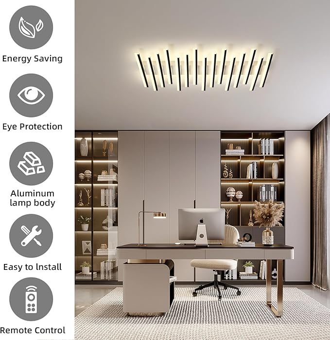 JAYMP 15 Lights Linear Modern Ceiling Light 43.3 inch Dimmable LED Chandelier Semi Flush Mount Light Fixture for Dining Room Kitchen Island Living Room