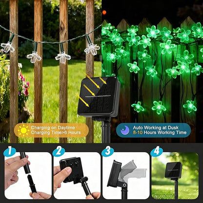 60 LED Solar String Lights Outdoor Waterproof Flower Fairy Lights for Garden Fence Patio Yard Christmas Tree Lawn Wedding Party Decor, Green
