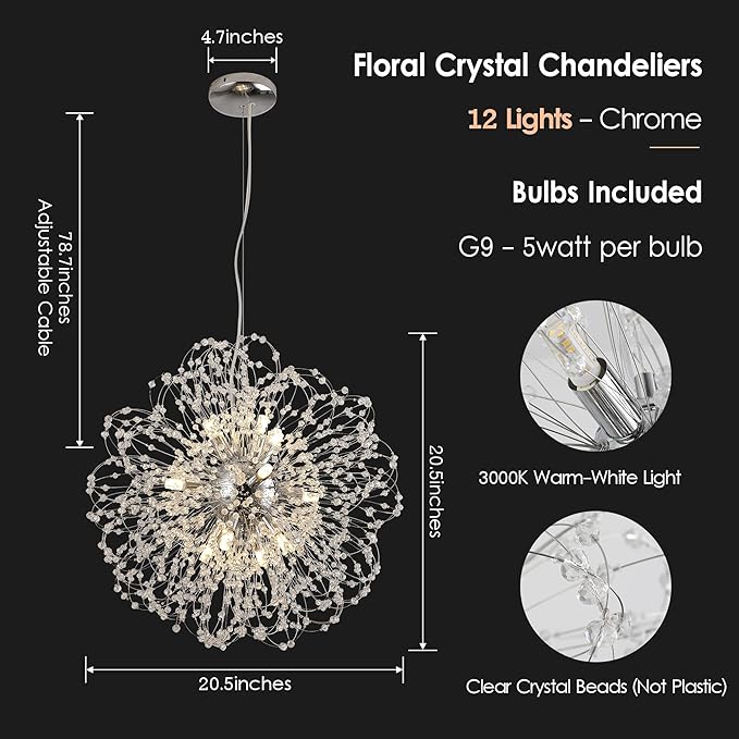 Modern Firework Chandelier, 12-Light Sputnik Chandelier Chrome Pendant Lighting for Dining Room, Dandelion Crystal Chandelier Ceiling Light Fixture for Living Room, Bedroom