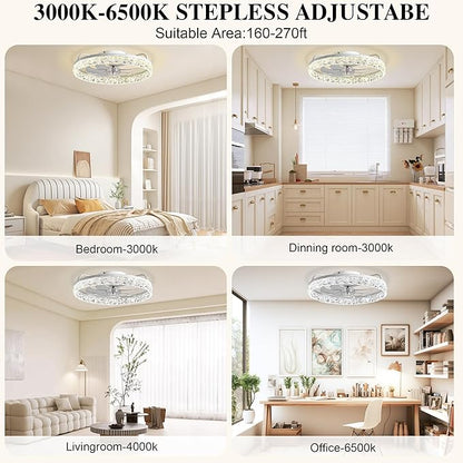 Ceiling Fans with Lights and Remote Fandelier - 20'' Flush Mount Crystal & White Low Profile Modern Ceiling Fans for Bedroom - Stepless Color Temperature and 6 Speeds