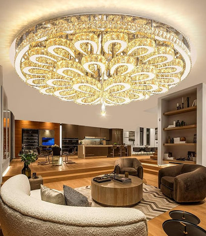 47'' Modern Crystal Chandeliers for Living Room Large Chandelier Ceiling Light Fixture LED Dimmable with Remote Flush Mount Lighting for Dining Room Bedroom Silver