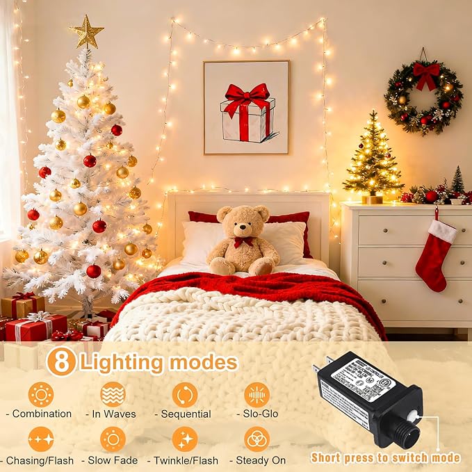 66FT 200 LED Outdoor String Lights, Plug in Christmas Lights Indoor Waterproof, 8 Modes Connectable Clear Wire Fairy Twinkle Lights for Bedroom Garden Yard Wedding Party Decorations, Warm White