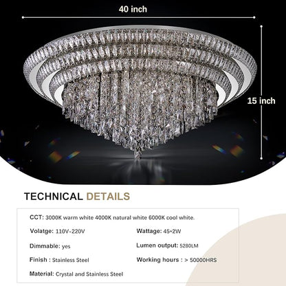 COCOSTAR Sliver Elegant LED Crystal Raindrop Ceiling Light with Remote and APP, 40" Modern Flush Mount Chandelier Light Fixture, 3CCT Dimmable, for Living Room Kitchen Island Bedroom Entryway Foyer