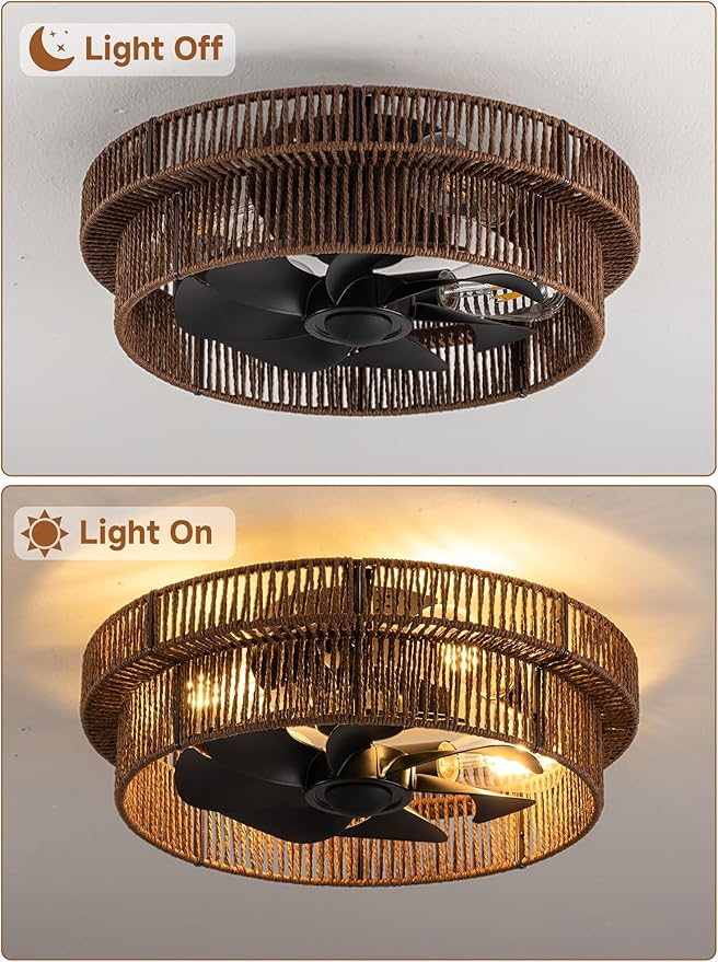 Handwoven Boho Ceiling Fans with Lights Flush Mount,Black Farmhouse Caged Fandelier Low Profile Enclosed Chandelier Fan with 6 Speeds for Bedroom,Nursery,Dining Room(Rattan Brown)
