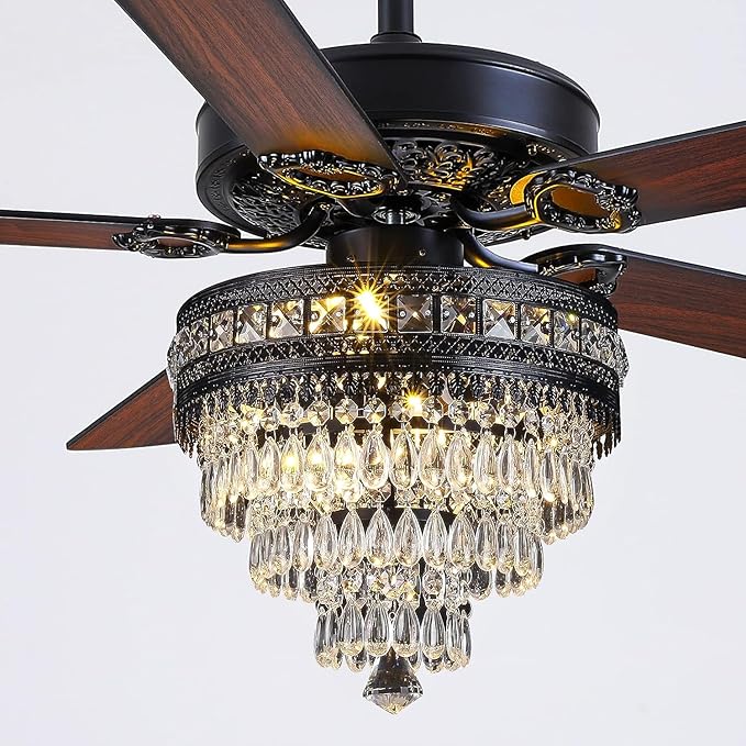 Asyko Crystal Ceiling Fan Fandelier with Lights - Modern Black Chandelier Fans with Remote Control，Noiseless AC Motor, Retro/Farmhouse Lighting, Dining Room， Living Room (52"