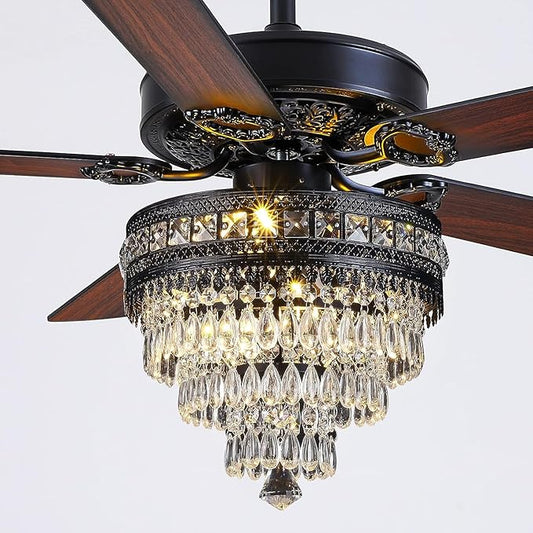 Asyko Crystal Ceiling Fan Fandelier with Lights - Modern Black Chandelier Fans with Remote Control，Noiseless AC Motor, Retro/Farmhouse Lighting, Dining Room， Living Room (52"
