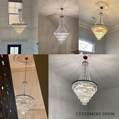 TOCHIC French Empire Crystal Chandelier Modern Farmhouse Chandelier Ceiling Light for Foyer Entryway High Ceiling, Vintage Antique Bronze Chandelier Light Fixture for Dining Living Room 28" W x 48" H