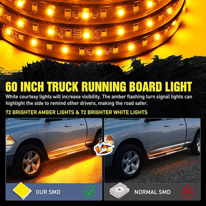 Nilight Truck Running Board Lights 2PCS 60 Inch LED Side Maker White Courtesy Light & Sequential Amber Turn Signal Lighting Strips Kit for Trucks Pickup SUV