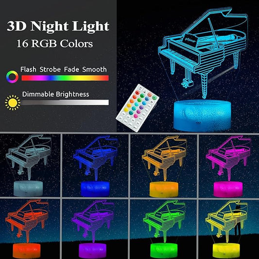 Piano Night Light, Instrument Gifts, Piano 3D Illusion Lamp with 16 Colors Changing, Timer, 4 Flash Modes and Dimmable, Kids Boys Girls Room Decoration, Holiday Xmas Music Gifts