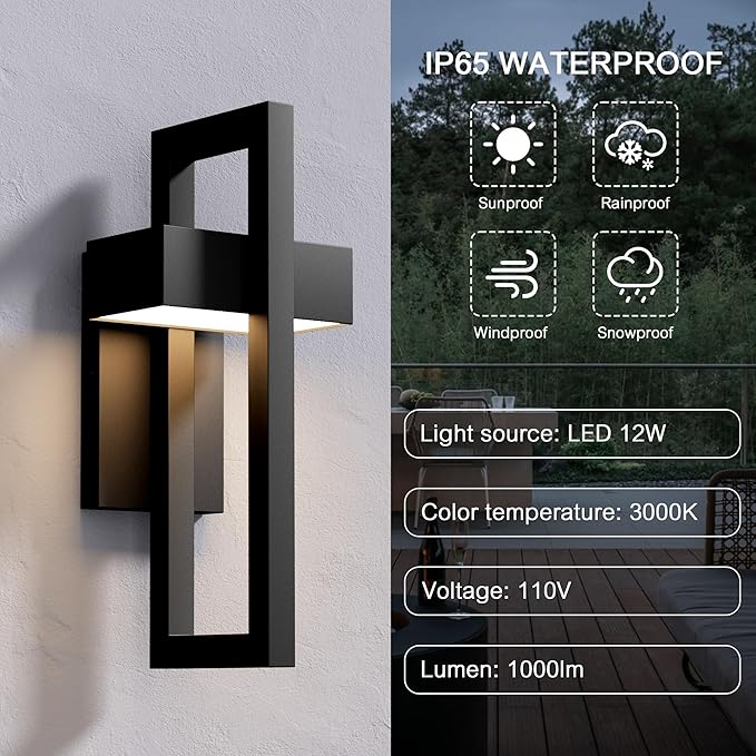 Krychiler 16.5 Inch Contemporary Outdoor Wall Lights with 3000K Integrated LED, 2 Packs Matte Black Metal Modern Exterior Lighting Fixtures Outside Wall Mount, for House Porch Patio Garage Front Door
