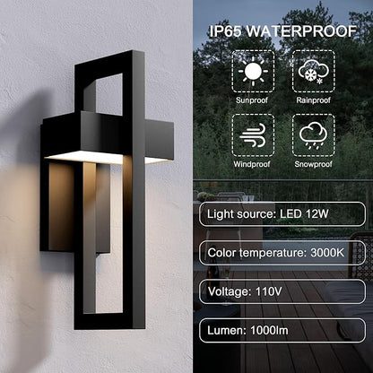 Krychiler 16.5 Inch Contemporary Outdoor Wall Lights with 3000K Integrated LED, 2 Packs Matte Black Metal Modern Exterior Lighting Fixtures Outside Wall Mount, for House Porch Patio Garage Front Door
