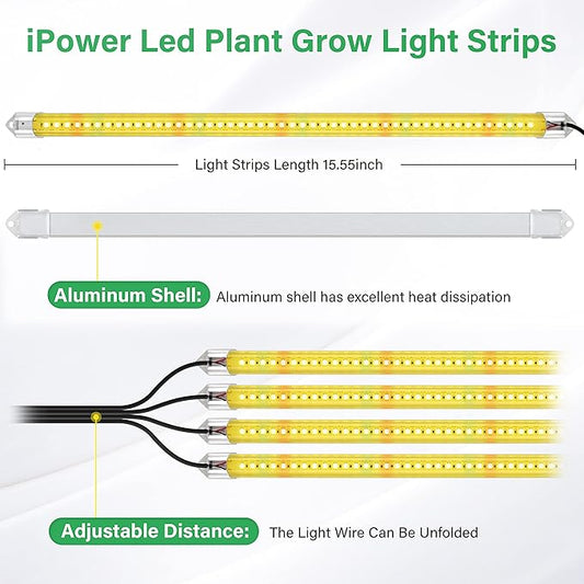 iPower 60W LED Plant Grow Light Strips Full Spectrum for Indoor Plants with Auto ON/Off 3/9/12H Timer, 10 Dimmable Levels 48 LEDs Per Tude, for Hydroponics Succulent, 4 Tubes, Yellow