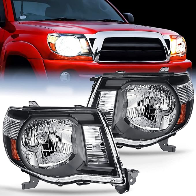 Nilight Headlight Assembly for 2005 2006 2007 2008 2009 2010 2011 Toyota Tacoma Replacement Headlamp Black Housing Amber Reflector