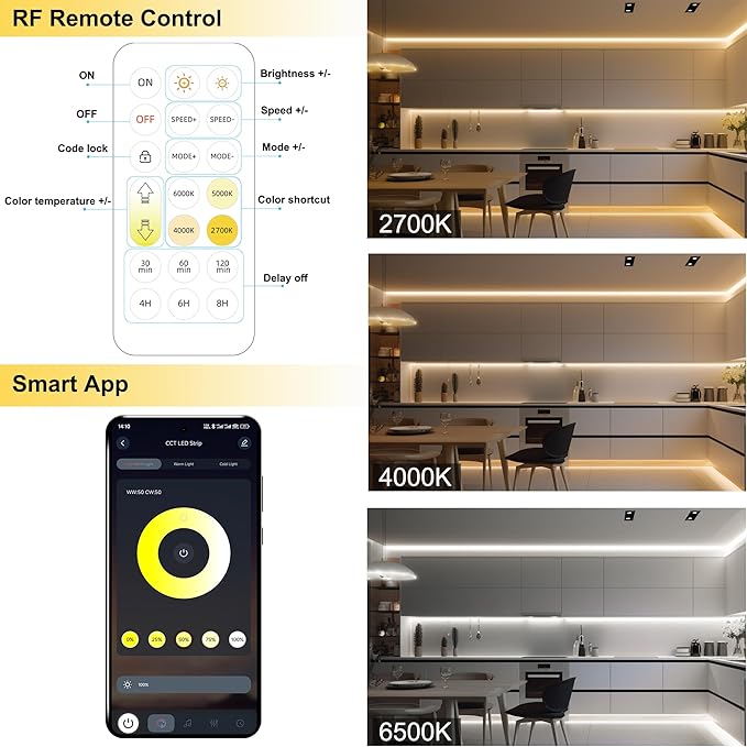 AXMOTUT CCT COB LED Strip Lights, 65.6ft Dimmable 2700K-6500K 24V Tunable White LED Light Strip Kit, High Density CRI 90+ LED Strips with Remote Controller and Power Supply.2 Rolls of 32.8ft