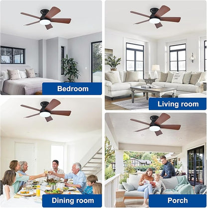 35-Inch Ceiling Fans with Lights: Walnut Low Profile Ceiling Fan with Light and Remote Control - Reversible Flush Mount Fans - 3CCT Dimmable Small Ceiling Fan for Bedroom Indoor/Outdoor Use