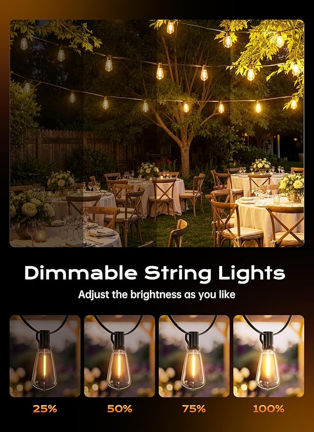 Minetom 55FT Outdoor String Lights with Remote, 25+2 Shatterproof ST38 LED Bulbs, Waterproof Patio Lights with 3 Modes, Dimmable & Connectable 2700K Hanging Lights for Backyard Porch Deck Balcony