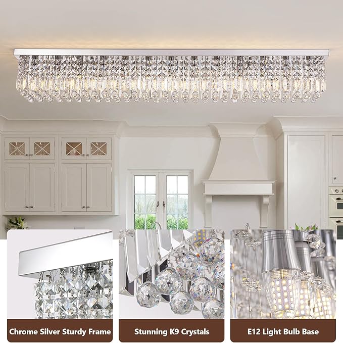 Large Modern Crystal Chandeliers for Dining Room Light Fixture, 13-Light Rectangle Chandelier Ceiling Light for Kitchen Island Living Room, L59 Inch, Chrome Finish